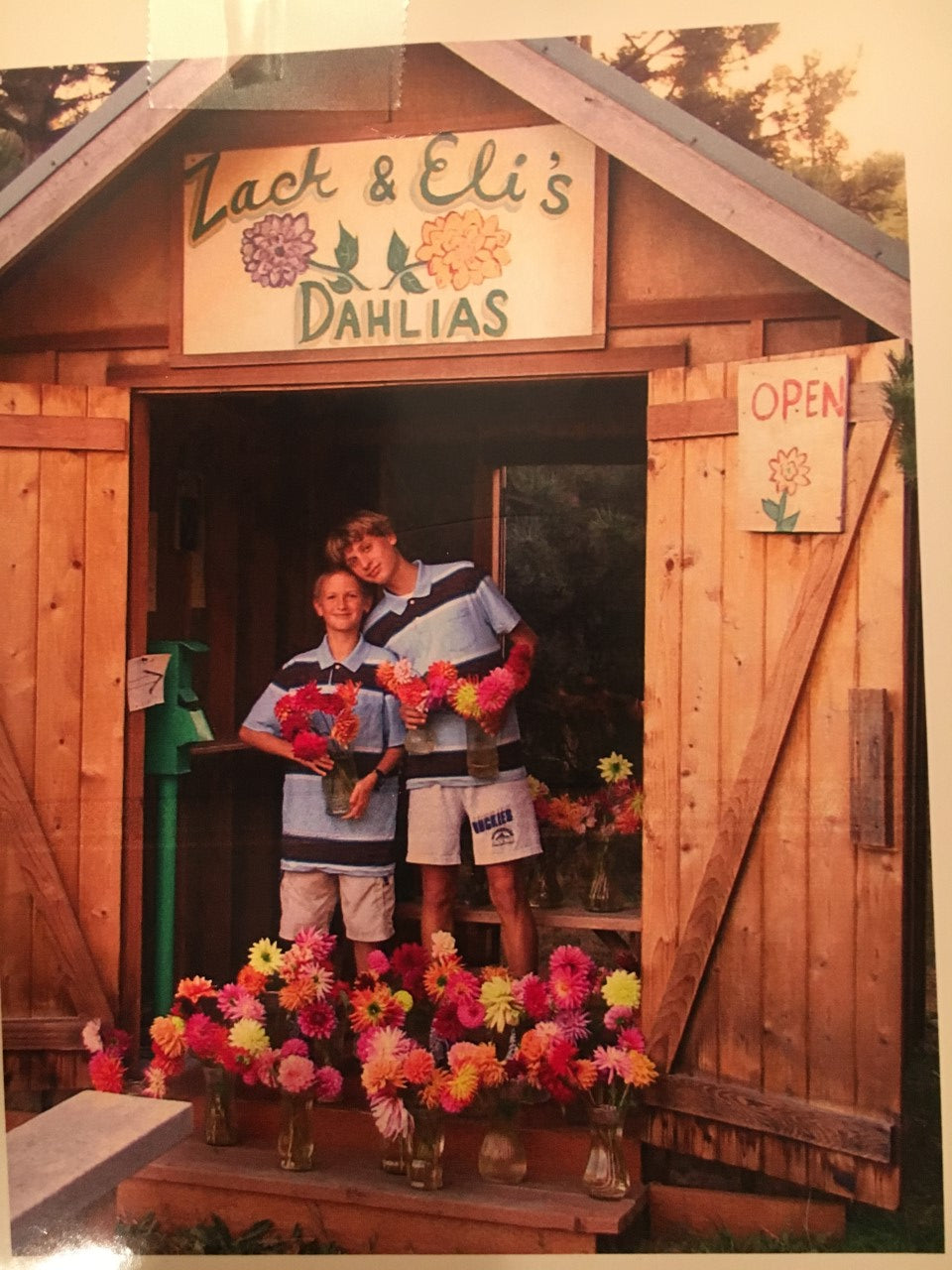 Zach and Eli standing in the updated dahlia stand (no dahlia tubers yet)